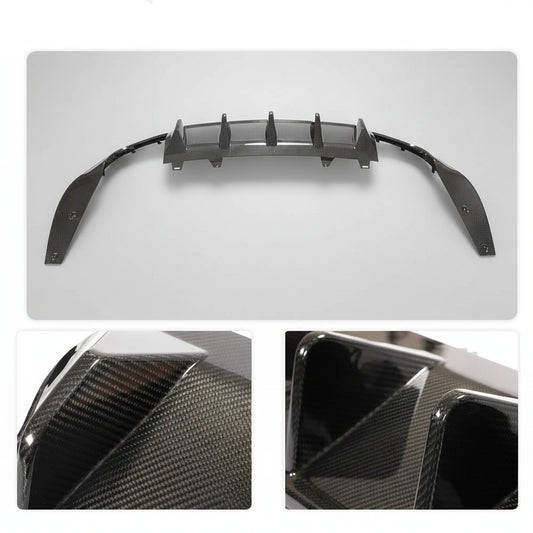 Carbon fiber car spoiler with close-up details on a white background